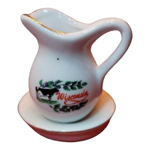 Vtg Wisconsin Bud Vase Cow Field Water Pitcher Basin Porcelain Gold Trimmed